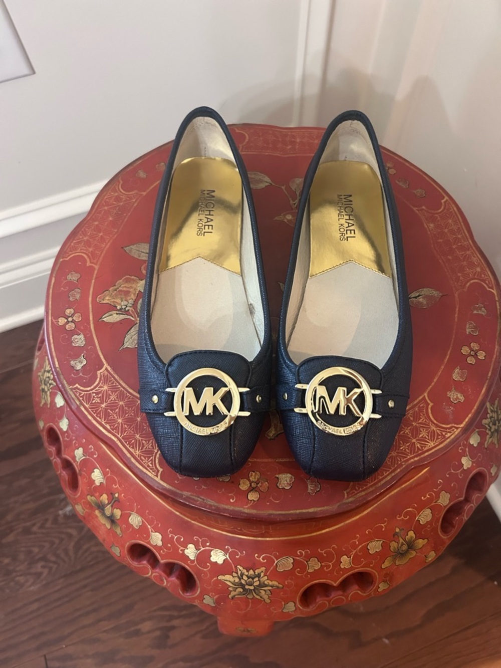 Michael Kors Navy Fulton Moccasin Leather MK Logo Square-Toe Flats